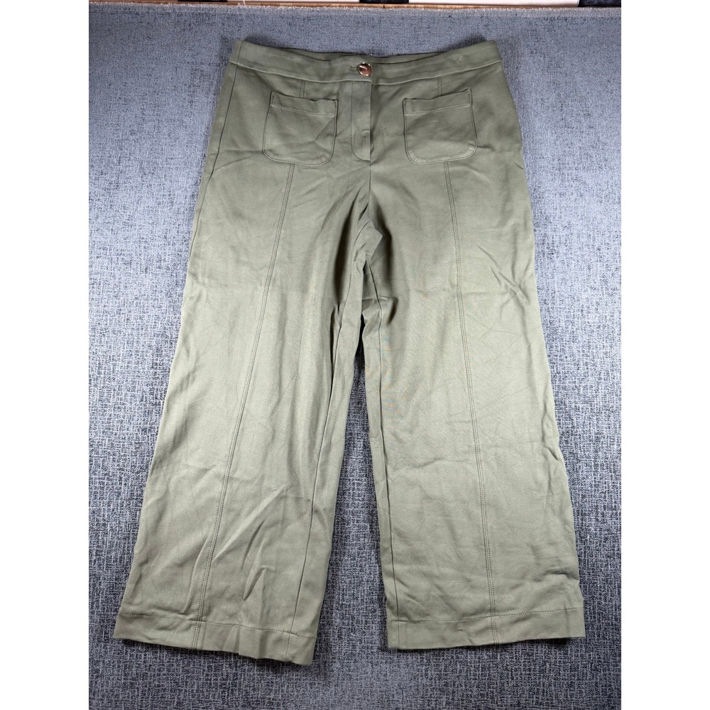 Talbots Womens 14P Olive Green Wide Leg Crop Pants Stretch Seam Detail Trousers